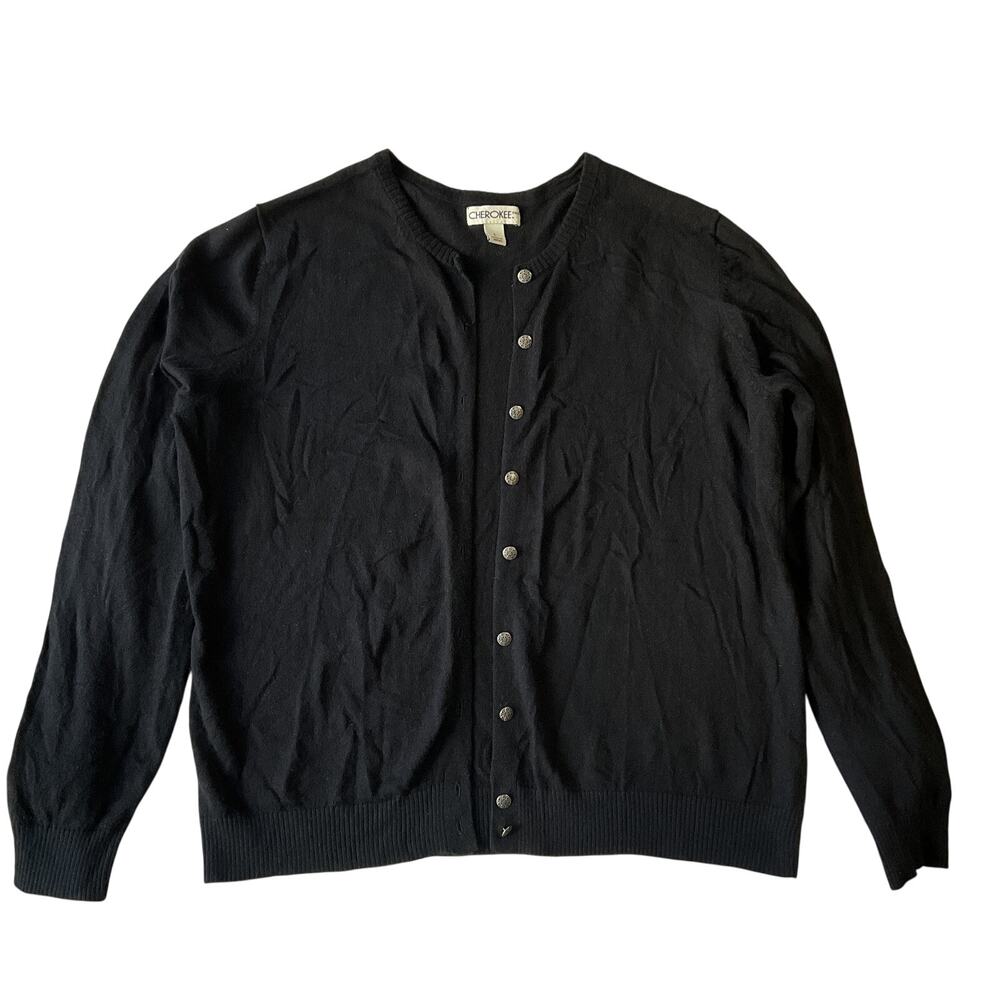 VINTAGE Cherokee Women Button Up Cardigan Size L Black Cotton Rayon Long Sleeve